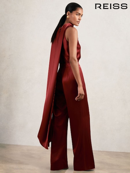 Reiss Dark Red Farah Petite Satin Cape-Sash Jumpsuit (W51475) | £288