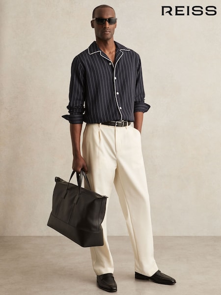 Reiss Navy/White Strella Pinstripe Cuban-Collar Piped Shirt (W51478) | £110