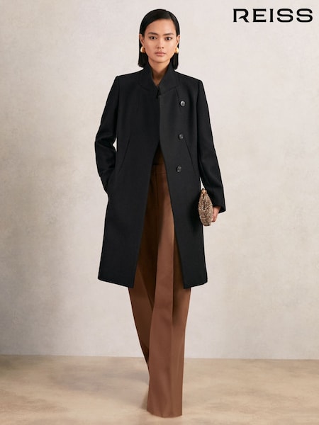 Reiss Black Max Wool-Blend Wrapover Mid-Length Coat (W51501) | £340
