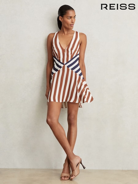 Reiss Brown/Navy Esme Stripe-Print Sleeveless Mini Dress (W51513) | £148