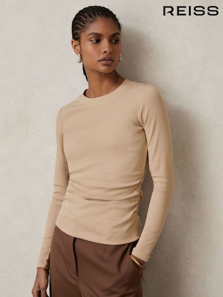 Reiss Camel Tessa Cotton Long-Sleeve Ruched T-Shirt with Stretch (W51519) | £48