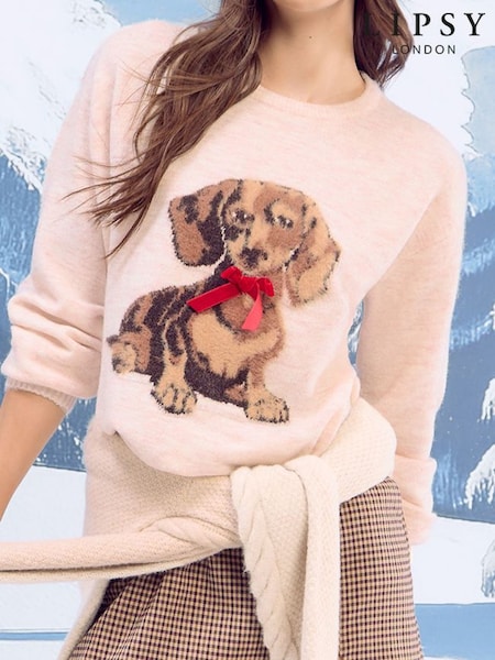 Lipsy Cream Sausage Dog Christmas Crew Neck Cosy Knitted Jumper (W51529) | £36