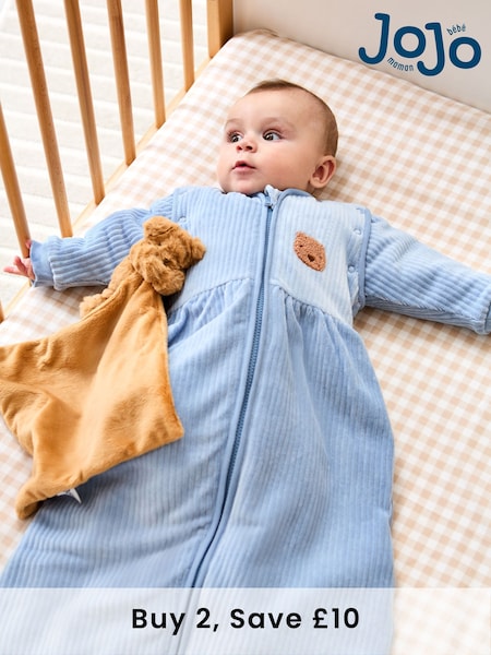 JoJo Maman Bébé Blue Bear Ribbed Velour 3.5 Tog Baby Sleeping Bag (W51556) | £39