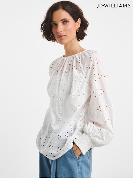 JD Williams White Broderie Puff Sleeve 100% Cotton Top (W51601) | £38