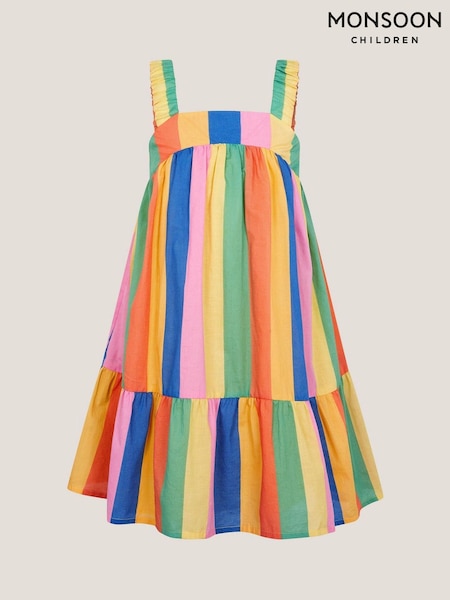 Monsoon Multi Rainbow Stripe Tier 100% Cotton Dress (W51626) | £25 - £29