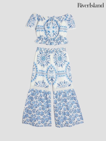 River Island White Girls Shell 100% Cotton Top and Trousers Set (W51651) | £32
