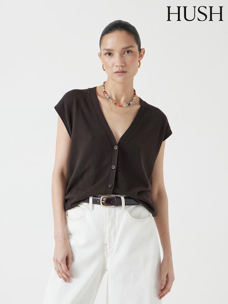 Hush Brown Fine Knit Button Front Vest Top (W51690) | £60