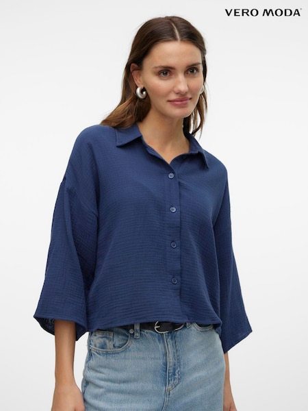 VERO MODA Blue Textured Cropped 100% Cotton Shirt (W51736) | £26