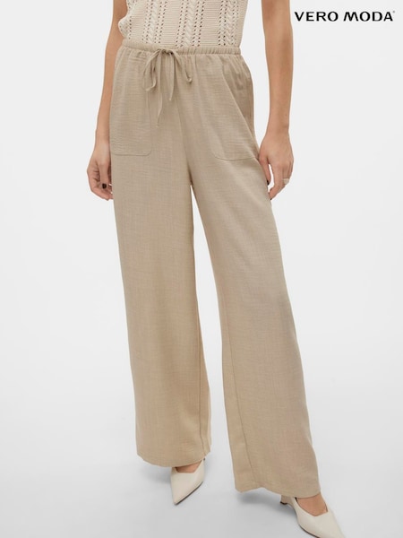 VERO MODA Natural Lightweight Tie Waist Wide Leg Trousers (W51743) | £38