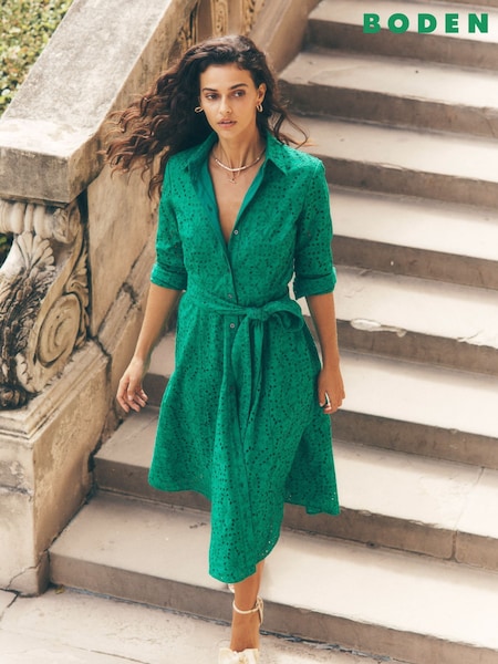 Boden Green 100% Cotton Amy Broderie Midi Shirt Dress (W52050) | £186