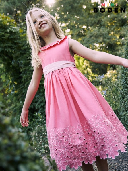 Boden Pink Flower Print Hem Occasion 100% Cotton Dress (W52068) | £85 - £89