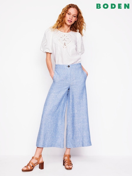 Boden Blue Wide Crop Linen 100% Cotton Trousers (W52090) | £112