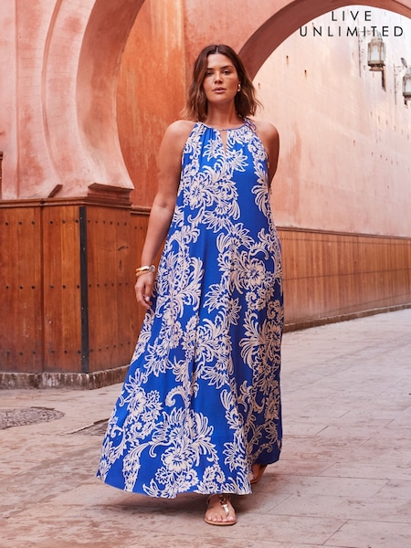 Live Unlimited Blue Curve Floral Print Halter Neck Midi Dress (W52440) | £89