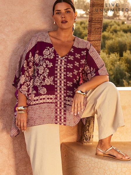 Live Unlimited Purple Curve Magenta Bandana Print Chiffon V-Neck Top (W52444) | £79