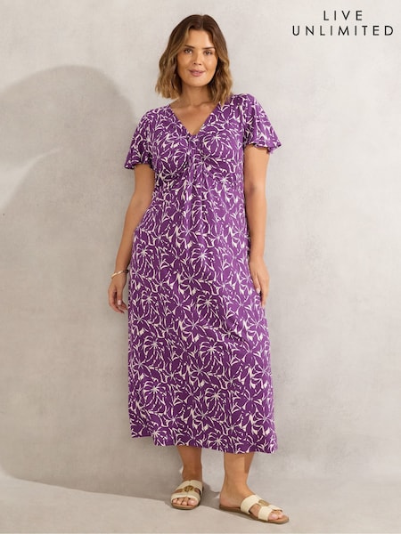 Live Unlimited Purple Curve Leaf Print Pleat Front Midi Dress (W52458) | £65