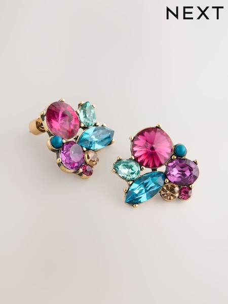 Bright Multicoloured Cluster Stone Stud Earrings (W52480) | £12