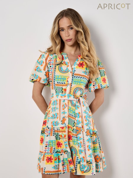 Apricot Cream Tropical Animation Puff Sleeve Dress (W52722) | £50