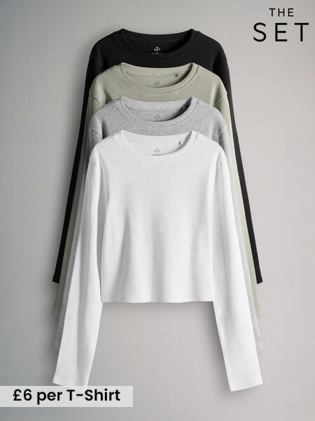 The Set Black/Grey/Khaki/White 4 Pack Ribbed Cropped Fitted T-Shirts (W52800) | £24