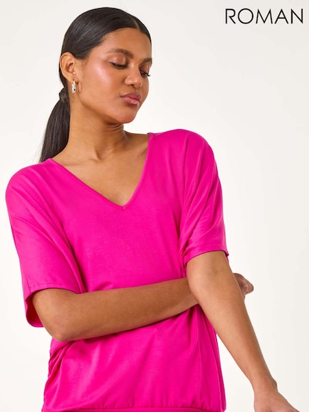 Roman Pink V-Neck Grown On Sleeve Stretch T-Shirt (W52837) | £32