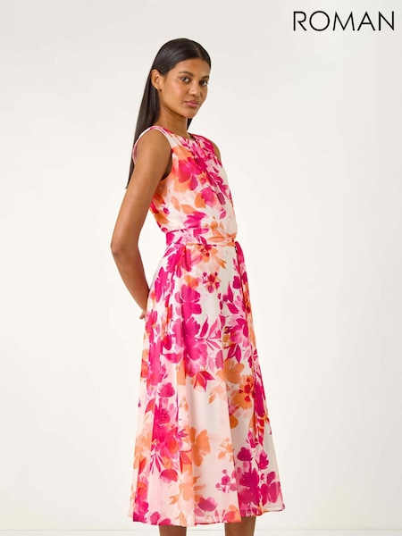 Roman Pink Floral Print Pleated Neck Midi Dress (W52839) | £55