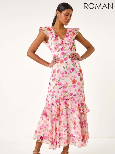 Roman White Floral Print Frill Chiffon Midi Dress (W52841) | £70