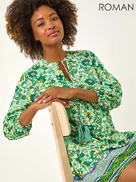 Roman Green Floral Print Border Smock Dress (W52843) | £42
