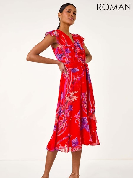 Roman Red Floral Print Ruffle Wrap Front Midi Dress (W52858) | £68