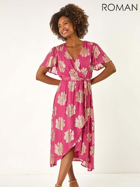 Roman Pink Jacquard Midi Wrap Dress (W52860) | £78