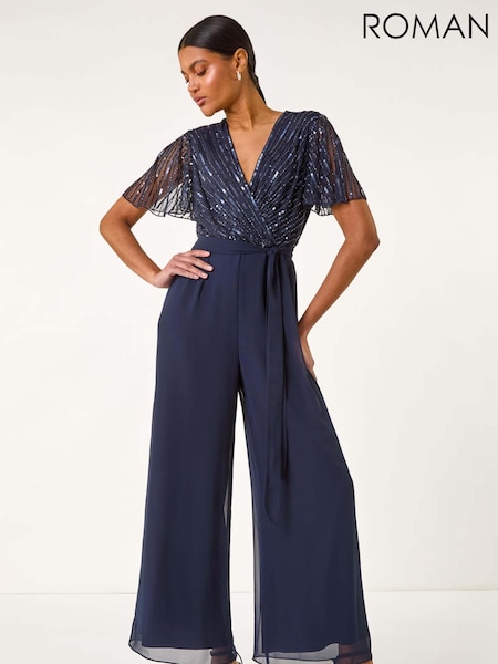 Roman Blue Embellished Beaded V-Neck Jumpsuit (W52869) | £130
