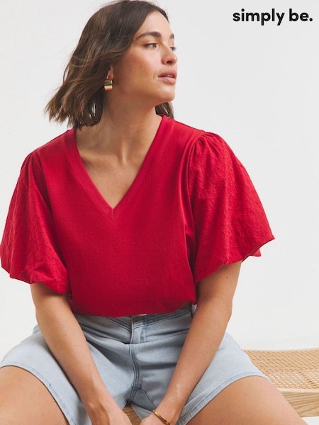 Simply Be Red 100% Cotton Broderie Puff Sleeve T-Shirt With V-Neck (W52934) | £25