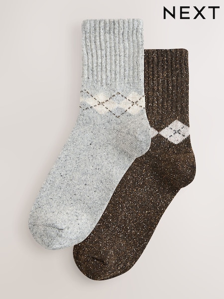 Neutral Argyle Thermal Wool Blend Ankle Socks 3 Pack With Silk (W52960) | £18