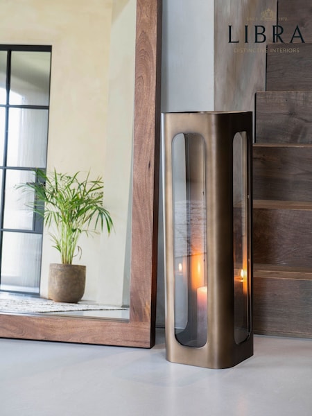 Libra Interiors Smoked Gold Clear Glass Large Thorpe Metal and Glass Hurricane 78cm (W53094) | £300