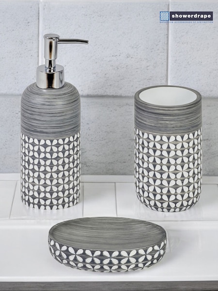 Showerdrape 4 Piece Grey Ravello Geo Floral Bathroom Accessory Set (W53124) | £36