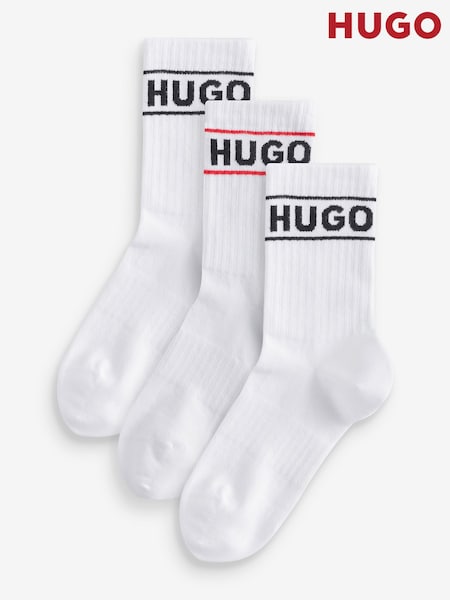 HUGO White Ribbed Logo Socks 3 Pack (W53425) | £24