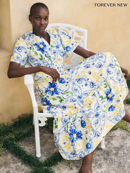 Forever New Blue Eleanor Short Sleeves 100% Cotton Midi Dress (W53453) | £100