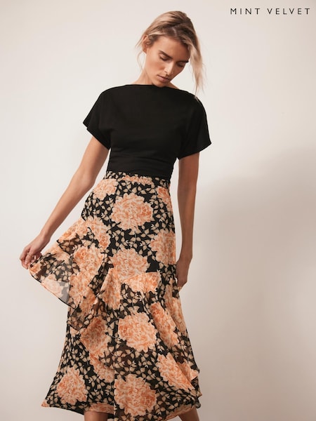 Mint Velvet Orange Floral Print Midi Skirt (W53487) | £89