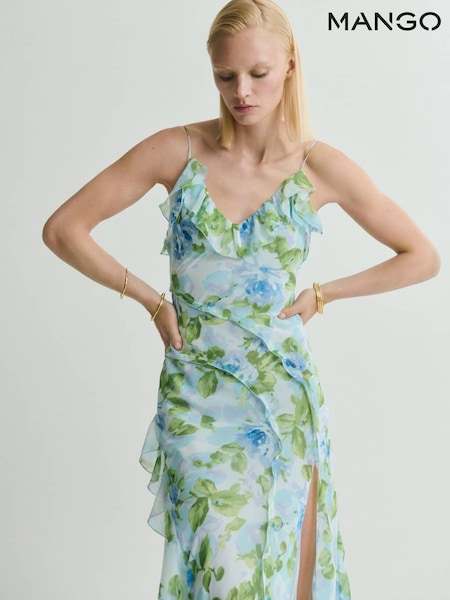 Mango Blue Floral Print Ruffle Occasion Chiffon Slip Maxi Dress (W53572) | £100