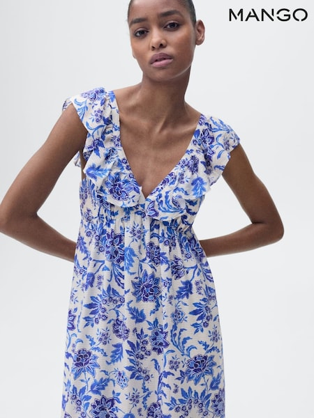 Mango Blue Floral Ruffle Midi Dress (W53574) | £52