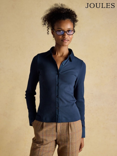 Anita Navy Cotton-Rich Long Sleeve Ribbed Jersey Shirt (W53802) | £42
