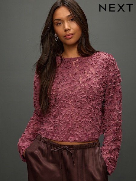 Mauve Purple 3D Floral Long Sleeve Crew Neck Top (W53848) | £42