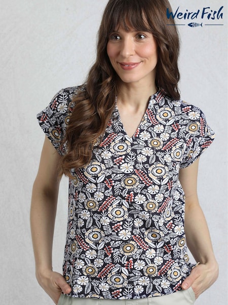 Weird Fish Blue Alia Printed Jersey 100% Cotton Blouse (W53853) | £30