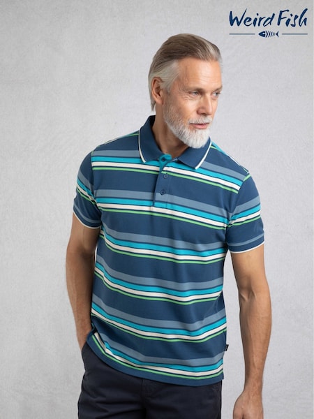 Weird Fish EnsignBlu Sunbury Striped Pique 100% Cotton Polo Shirt (W53874) | £42