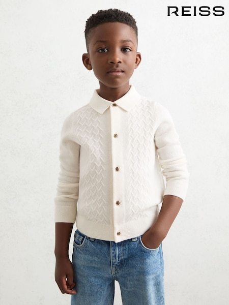 Reiss Off White Gideon 3-9 yrs Wool V-Stitch Button-Through Cardigan (W53913) | £40