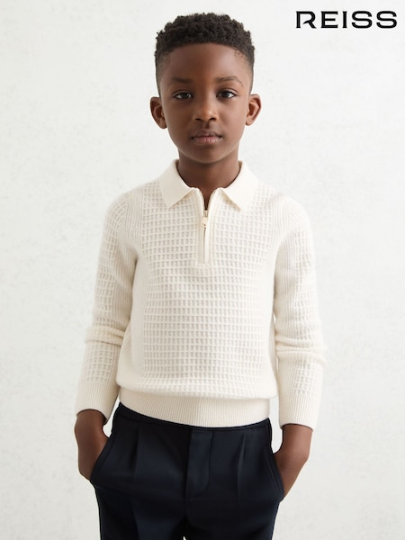 Reiss Off White Hamilton 3-9 yrs Wool Waffle-Knit Half-Zip Polo Shirt (W53923) | £40