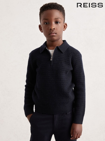 Reiss Navy Blue Hamilton 3-9 yrs Wool Waffle-Knit Half-Zip Polo Shirt (W53932) | £40