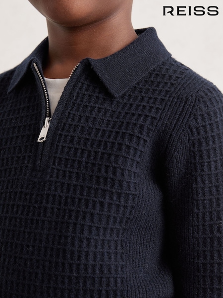 Reiss Navy Blue Hamilton 9-13 yrs Wool Waffle-Knit Half-Zip Polo Shirt (W53935) | £44