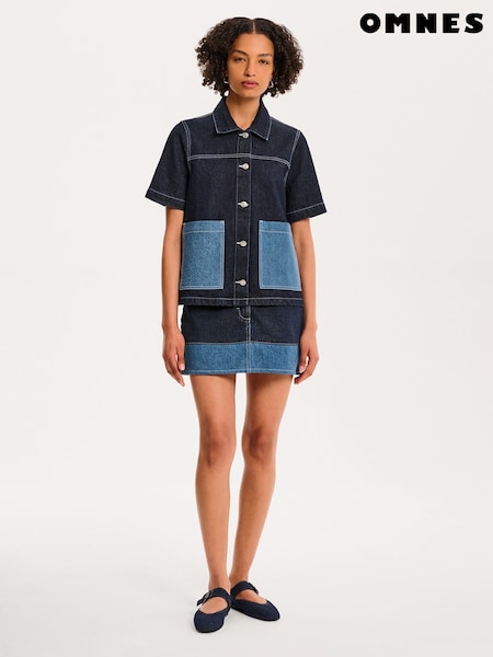 Omnes Blue Oversized Ronnie 100% Cotton Contrast Patch Shirt in Dark Wash Denim (W53952) | £52