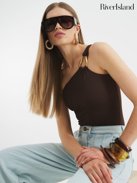 River Island Brown One Shoulder Trim Bodysuit (W54039) | £30