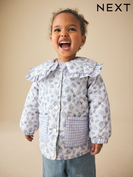 Blue/White Shower Resistant Frill Collar Quilted Jacket (3mths-7yrs) (W54092) | £24 - £28