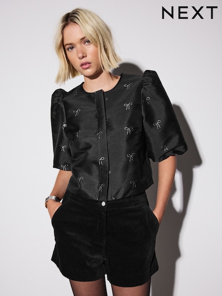 Black/Pink Jacquard Bow Puff Sleeve Blouse (W54150) | £55